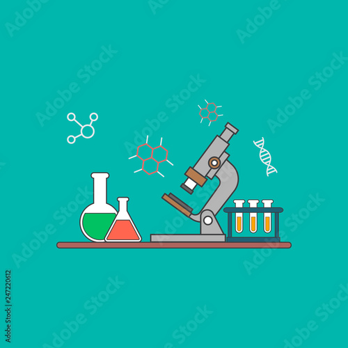 Chemists scientists equipment. flat design workspace concept. Chemistry and physics biology infographic icons. Laboratory lab with alembic vial hourglass dropper, vector illustration
