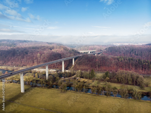 Aerial view of a bridge with cars 