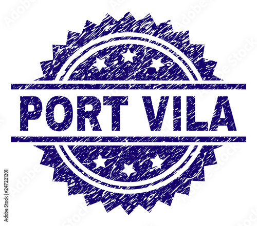 PORT VILA stamp seal watermark with distress style. Blue vector rubber print of PORT VILA label with grunge texture.