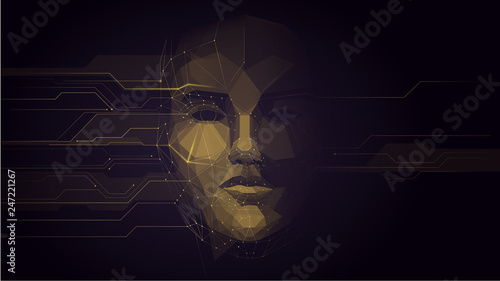 Concept of artificial intelligence face, robot face combined with electronic circuit, machine learning, cyber mind education