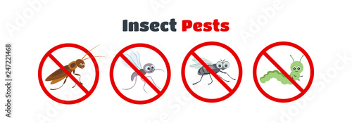 Insects pests icon set. Vector illustration of cartoon characters in flat style isolated on white. Pesticide packaging design elements.