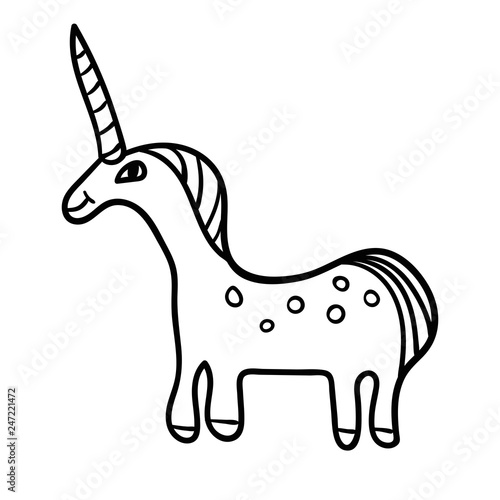 Cute hand drawn smiling unicorn in profile with thin line contour isolated on white background. Vector illustration.   © _aine_