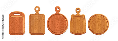 Set of wooden cutting boards isolated on white background. Vector illustration of kitchen tool in cartoon flat style.