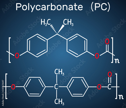 Polycarbonate (PC) thermoplastic polymer molecule. Structural chemical formula on the dark blue background