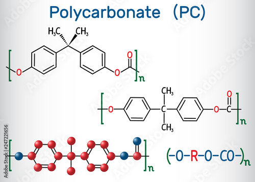 Polycarbonate (PC) thermoplastic polymer molecule. Structural chemical formula and molecule model