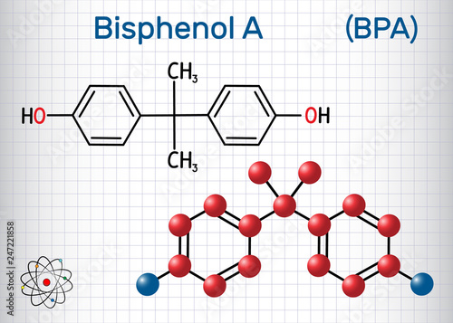 Bisphenol A (BPA) molecule. Sheet of paper in a cage. Structural chemical formula and molecule model