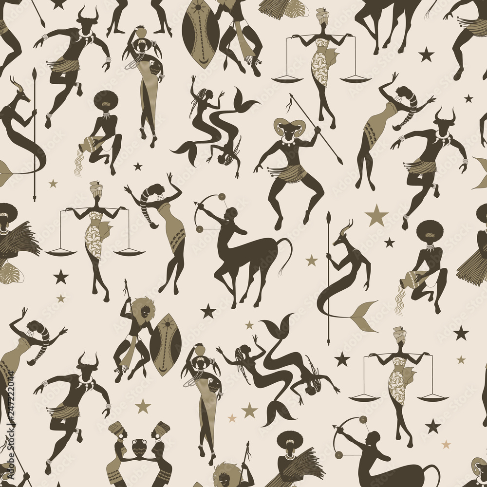Seamless pattern of zodiac signs in the style of African tribal symbols