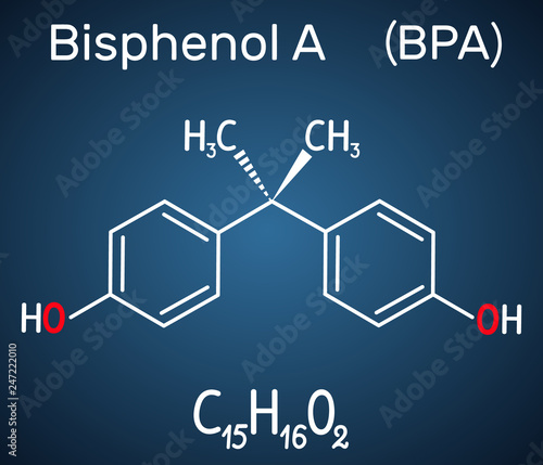 Bisphenol A (BPA) molecule. Structural chemical formula on the dark blue background photo