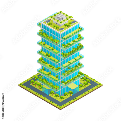 Futuristic Skyscraper with Green Roof Concept 3d Isometric View. Vector