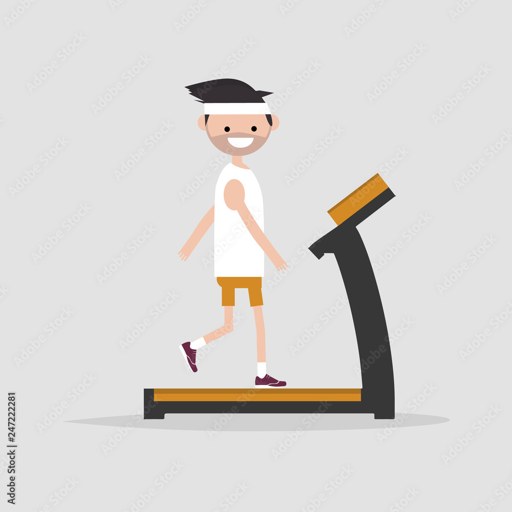 young character doing exercise with treadmill.flat cartoon design