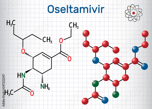Oseltamivir antiviral drug molecule. Sheet of paper in a cage. Structural chemical formula and molecule model