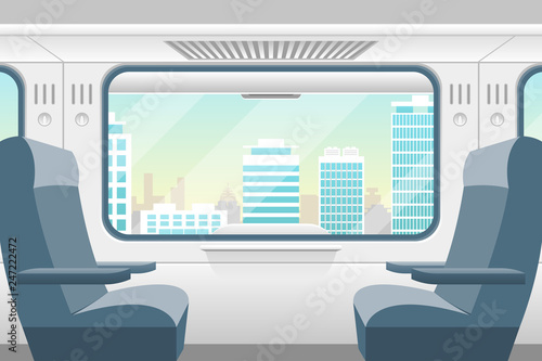 Cartoon Train Inside Interior and Window View. Vector