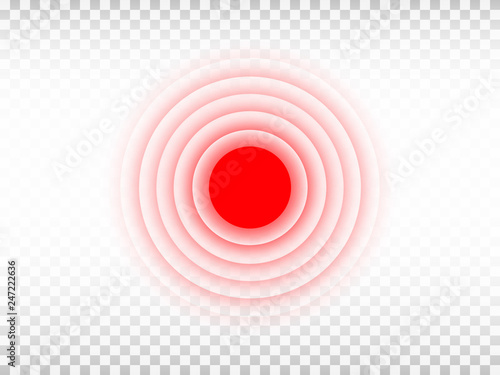 Pain red circle on transparent background. Aching place template. Medicine design element for advertisement or information banner. Painful spot mark for painkiller visualization. Vector illustration
