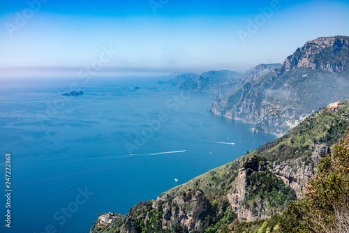 Aerial view of Positano town and Amalfi coast from hiking trail "Path of the Gods".