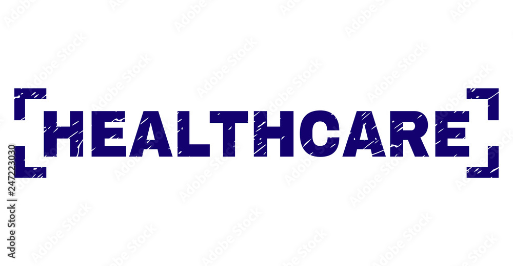 HEALTHCARE text seal print with grunge style. Text label is placed inside corners. Blue vector rubber print of HEALTHCARE with grunge texture.