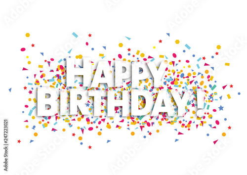 happy birthday card, white text and confetti -