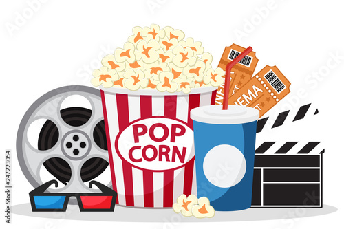 Popcorn, tickets, juice and glasses on a white. Set in the movie