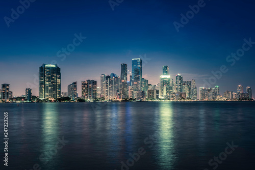Miami city downtown at night in South Florida. Blue tone