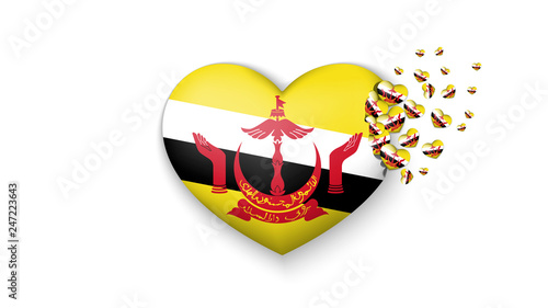 National flag of Brunei in heart illustration. With love to Brunei country. The national flag of Brunei fly out small hearts on white background photo