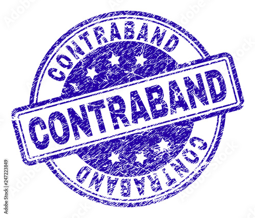 CONTRABAND stamp seal imprint with distress texture. Designed with rounded rectangles and circles. Blue vector rubber print of CONTRABAND title with grunge texture.