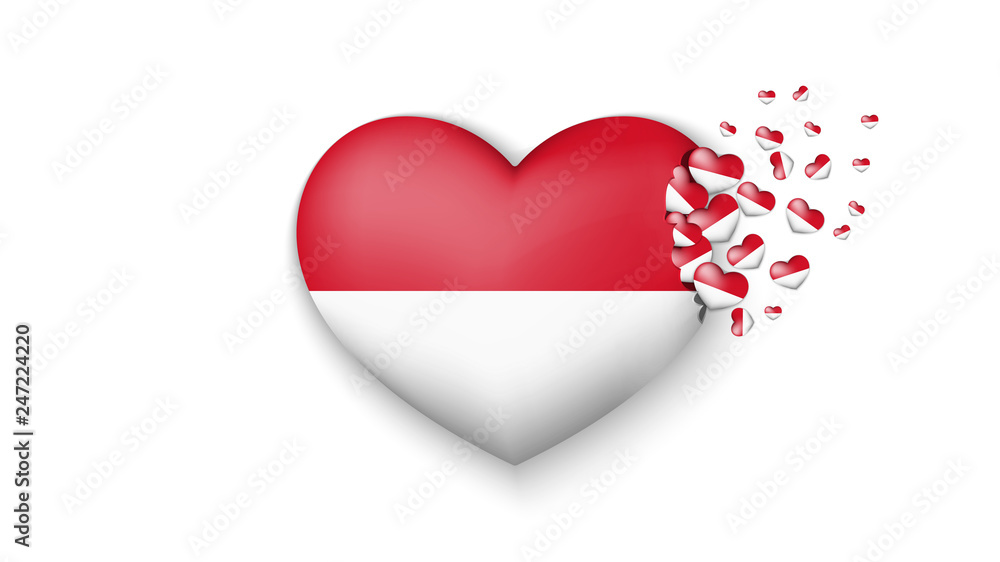 With love to Indonesia country. The national flag of Indonesia fly out small hearts on white background