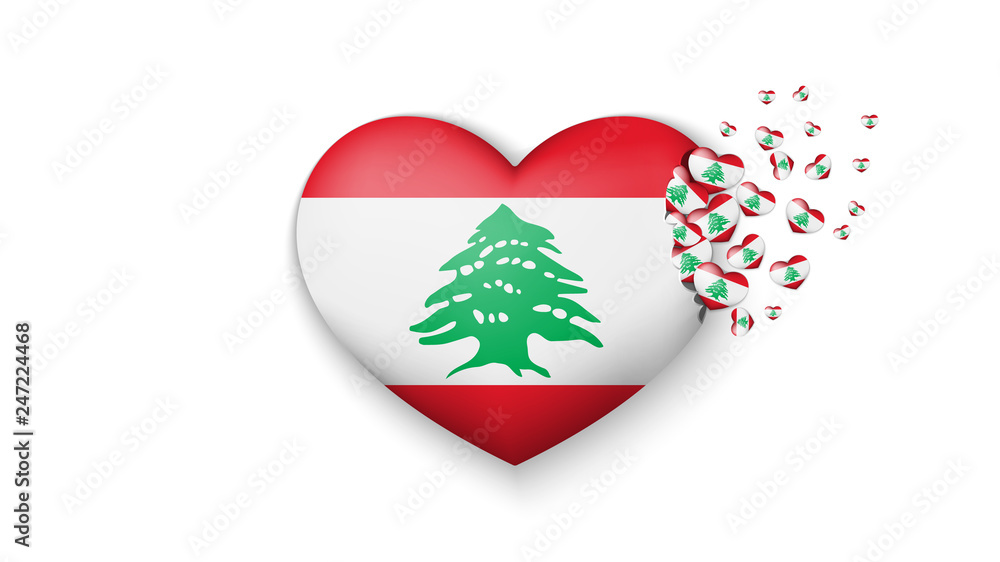 National flag of Lebanon in heart illustration. With love to Lebanon country. The national flag of Lebanon fly out small hearts on white background National flag of Lebanon in heart illustration. With love to Lebanon country. The national flag of Lebanon fly out small hearts on white background
