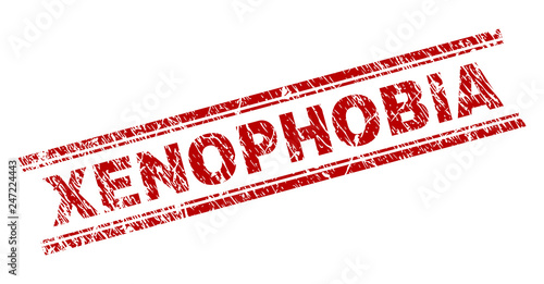 XENOPHOBIA seal stamp with grunge texture. Red vector rubber print of XENOPHOBIA text with retro texture. Text caption is placed between double parallel lines.