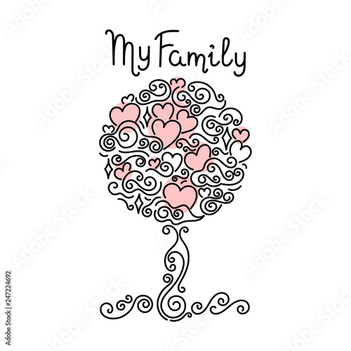 My Family. Tree hand drawn, hearts. Design vector illustration