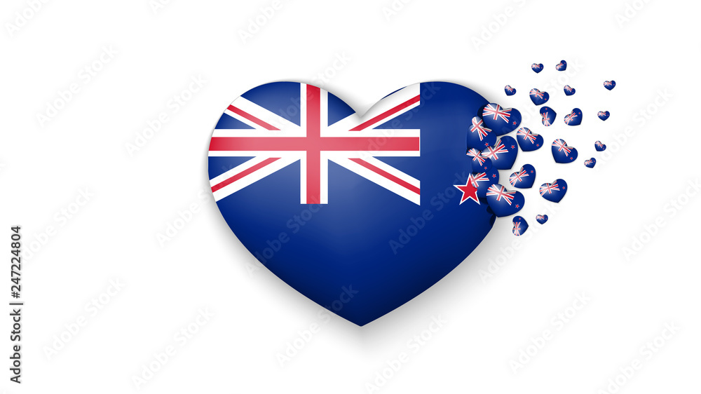Fototapeta premium National flag of New Zealand in heart illustration. With love to New Zealand country. The national flag of New Zealand fly out small hearts on white background