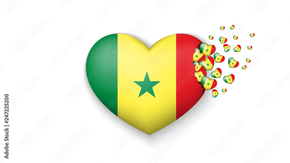 With love to Senegal country. The national flag of Senegal fly out small hearts on white background With love to Senegal country. The national flag of Senegal fly out small hearts on white background