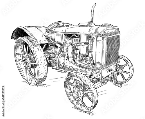 Old vintage tractor vector pen and ink illustration. Tractor was made in Chicago, Illinois, United States or USA from 1938 to 1939 or 30's. photo