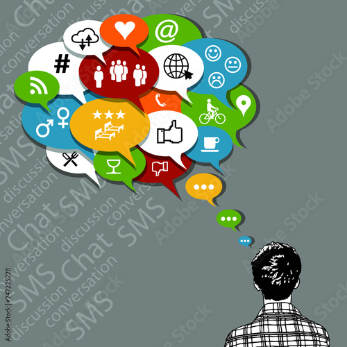 Illustration vectorielle d’un jeune homme et un nuage de bulles avec de nombreux pictos pour illustrer les conversations par les réseaux sociaux et autres voies informatiques. 