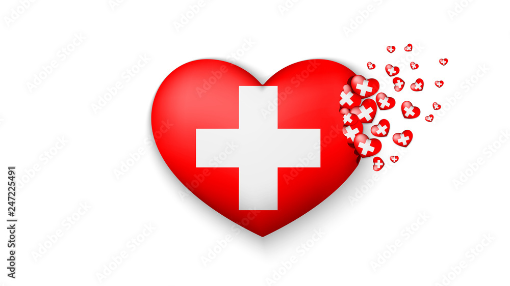Obraz premium With love to Switzerland country. The national flag of Switzerland fly out small hearts on white background
