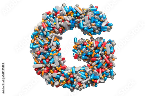 Letter G from medicine pills  capsules  tablets. 3D rendering