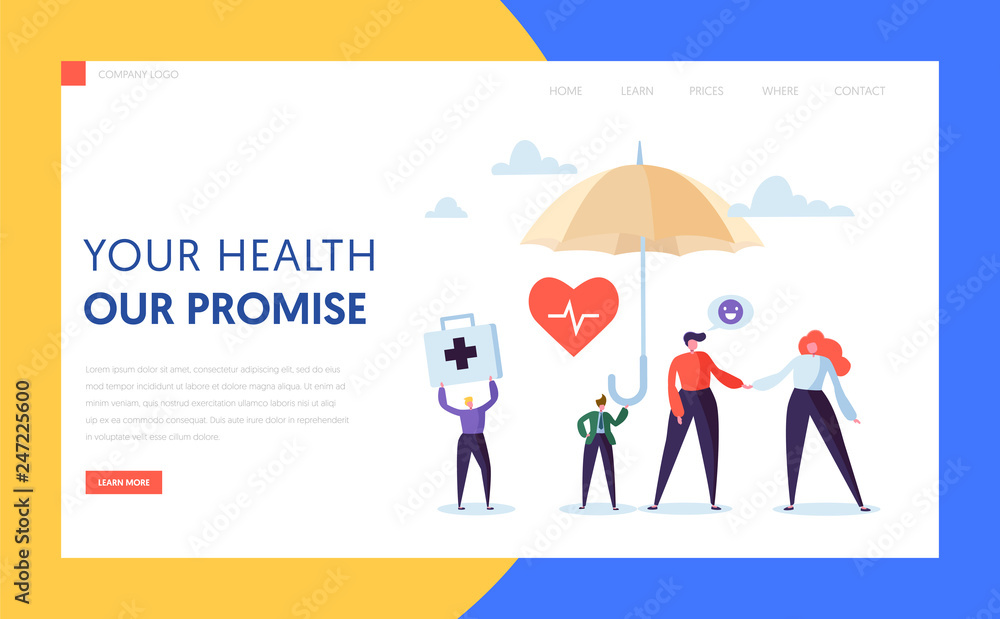 Medical Health Insurance Landing Page Concept. Man Character Safe under Umbrella. Medicine and Healthcare Agent Support Medical Service Website Web Page. Flat Cartoon Vector Illustration