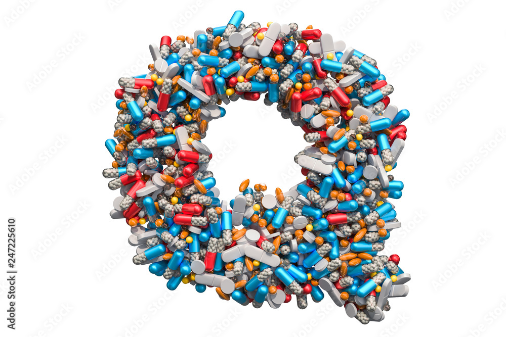 Letter Q from medicine pills, capsules, tablets. 3D rendering