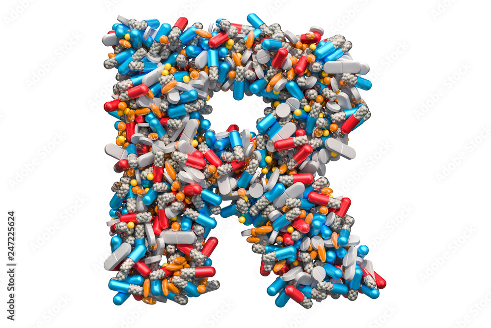 Letter R from medicine pills, capsules, tablets. 3D rendering Letter R from medicine pills, capsules, tablets. 3D rendering
