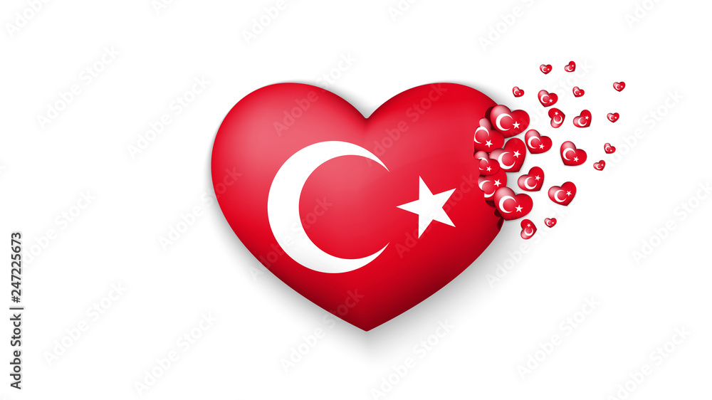 National flag of Turkey in heart illustration. With love to Turkey country. The national flag of Turkey fly out small hearts on white background National flag of Turkey in heart illustration. With love to Turkey country. The national flag of Turkey fly out small hearts on white background