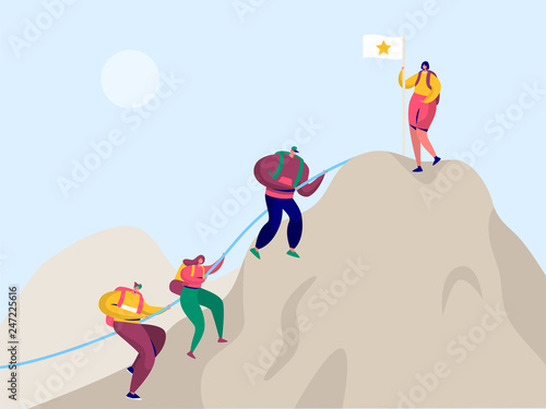 People Climb Rock Mountain to Victory Flag. Sport Adventure Challenge Aim for Climber Character with Backpack. Alpinist Trekking to Target Peak Everest Flat Cartoon Vector Illustration