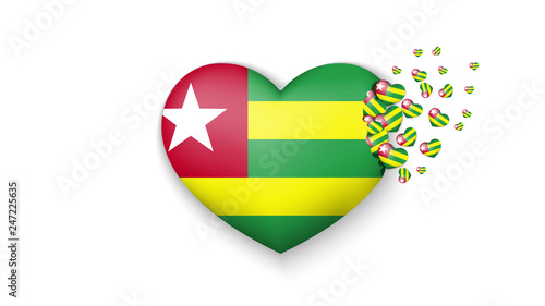National flag of Togo in heart illustration. With love to Togo country. The national flag of Togo fly out small hearts on white background