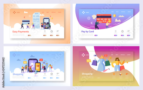 Online Shopping Payment Transaction Landing Page Set. Internet E-commerce Store Sale Technology. Marketing Retail Commerce Banking Concept Website or Web Page. Flat Cartoon Vector Illustration