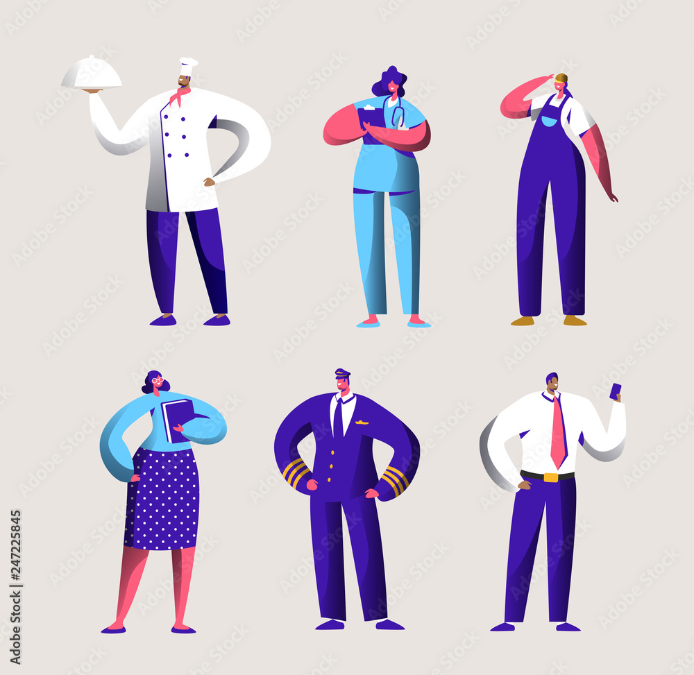 Various Career Worker Set for Labor Day Holiday Banner. People Group in Different Uniform. Chef, Pilot and Doctor Work in Business Job Occupation. Engineer Character Flat Cartoon Vector Illustration Various Career Worker Set for Labor Day Holiday Banner. People Group in Different Uniform. Chef, Pilot and Doctor Work in Business Job Occupation. Engineer Character Flat Cartoon Vector Illustration