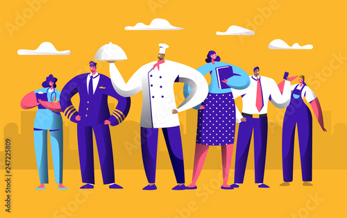 Different Job Worker Set for Labor Day Holiday Banner. People Group Work in Uniform. Chef, Pilot and Doctor Employment International Service. Engineer Character Woman Flat Cartoon Vector Illustration