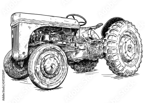 Old vintage tractor vector pen and ink illustration. Tractor was made in Dearborn, Michigan, United States or USA from 1939 to 1942 or 30's to 40's.