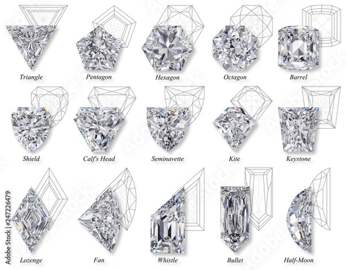 Fifteen fancy diamond cut styles with faced diagrams, titles, isolated on white background photo