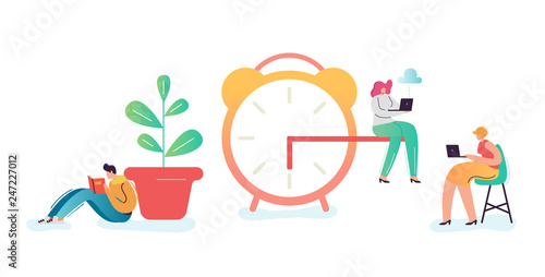 Business Deadline Concept. Businessman and Businesswoman Characters Overtime at Work. Time Management, Work Late, Efficiency. Vector illustration