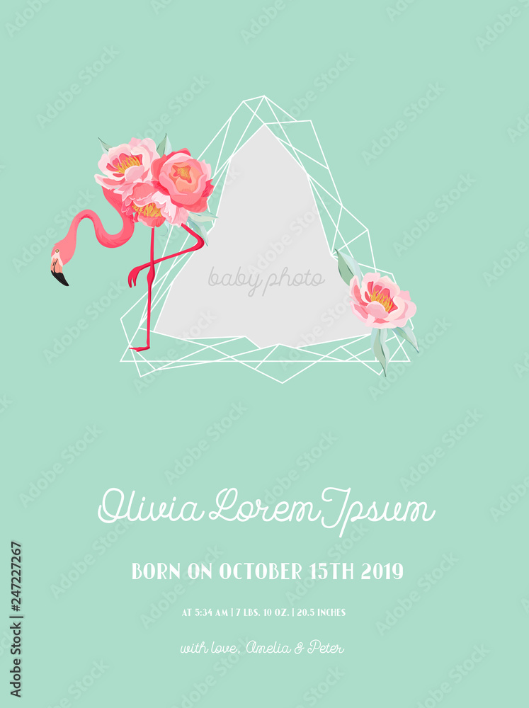 Baby Arrival Announcement with Illustration of Beautiful Flamingo and Geometry photo frame, Greetings or Invitation Card, Geometric Floral Frame in vector