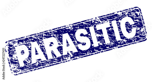 PARASITIC stamp seal print with distress style. Seal shape is a rounded rectangle with frame. Blue vector rubber print of PARASITIC tag with unclean style.