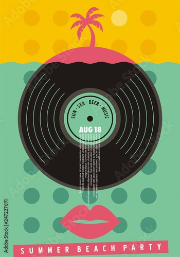 Summer beach party colorful invitation design. Music poster with vinyl record and tropical beach landscape. Vector illustration.