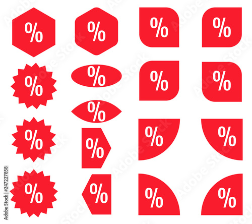 Percent sticker set. Red promotion labels. Modern vector flat style illustration isolated on white background. Red promotion labels for new arrivals shop section.